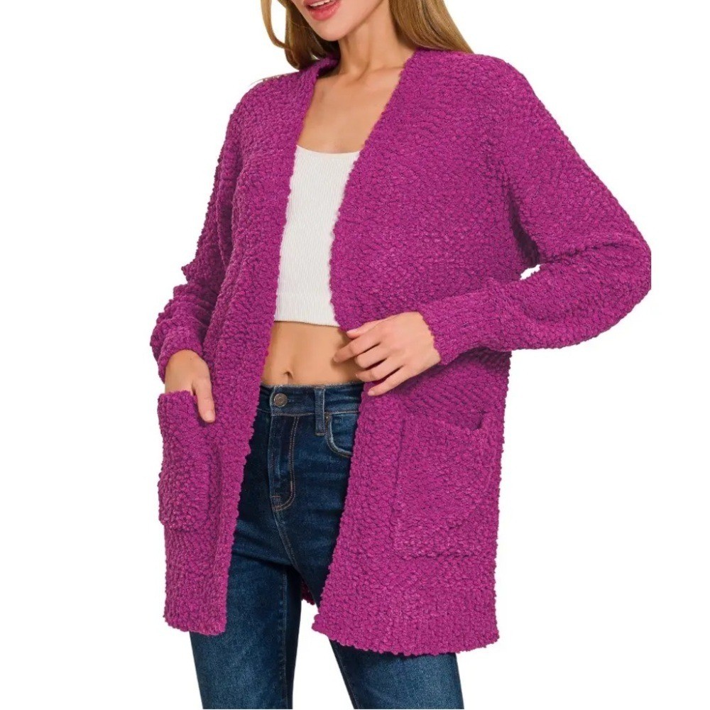 Grace Karin Colorful Vibrant Popcorn Knit Open Front Cardigan Sweater Magenta XL