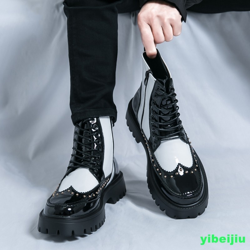 New Men’s High Top Platform Studded Ankle Boots Wing Tip Brogue Colorblock Shoes