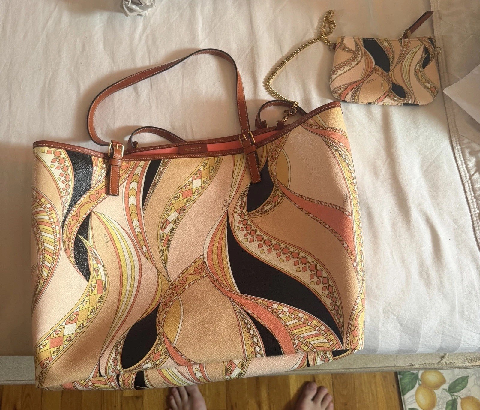 Emilio Pucci Peach Printed Coated Canvas and Leather Zip Tote