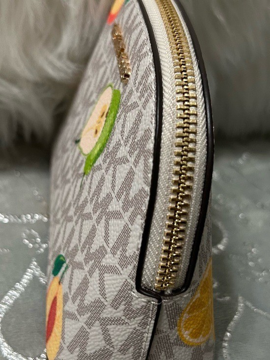 NWT Michael Kors Small, Beige Logo Cosmetic Pouch-Pink/Green/Yellow Fruit Print