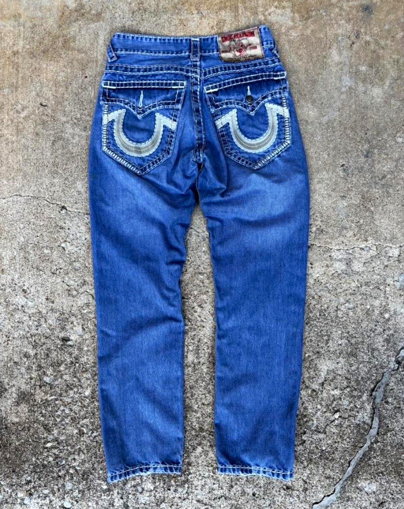 True Religion Ricky Super T Jeans Size 29 Made in USA Blue Thick Stitch Straight