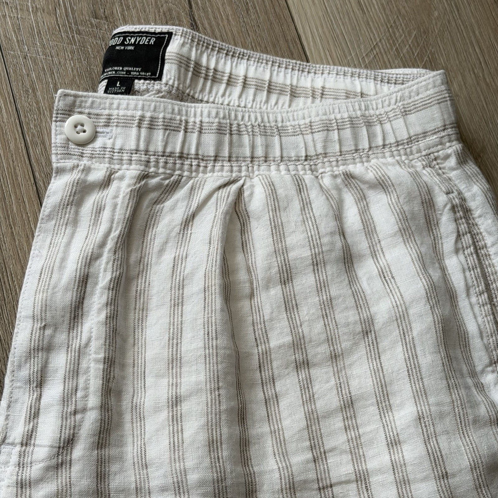 TODD SNYDER Relaxed 100% Linen Leisure Pants in White Striped Pleated L $198