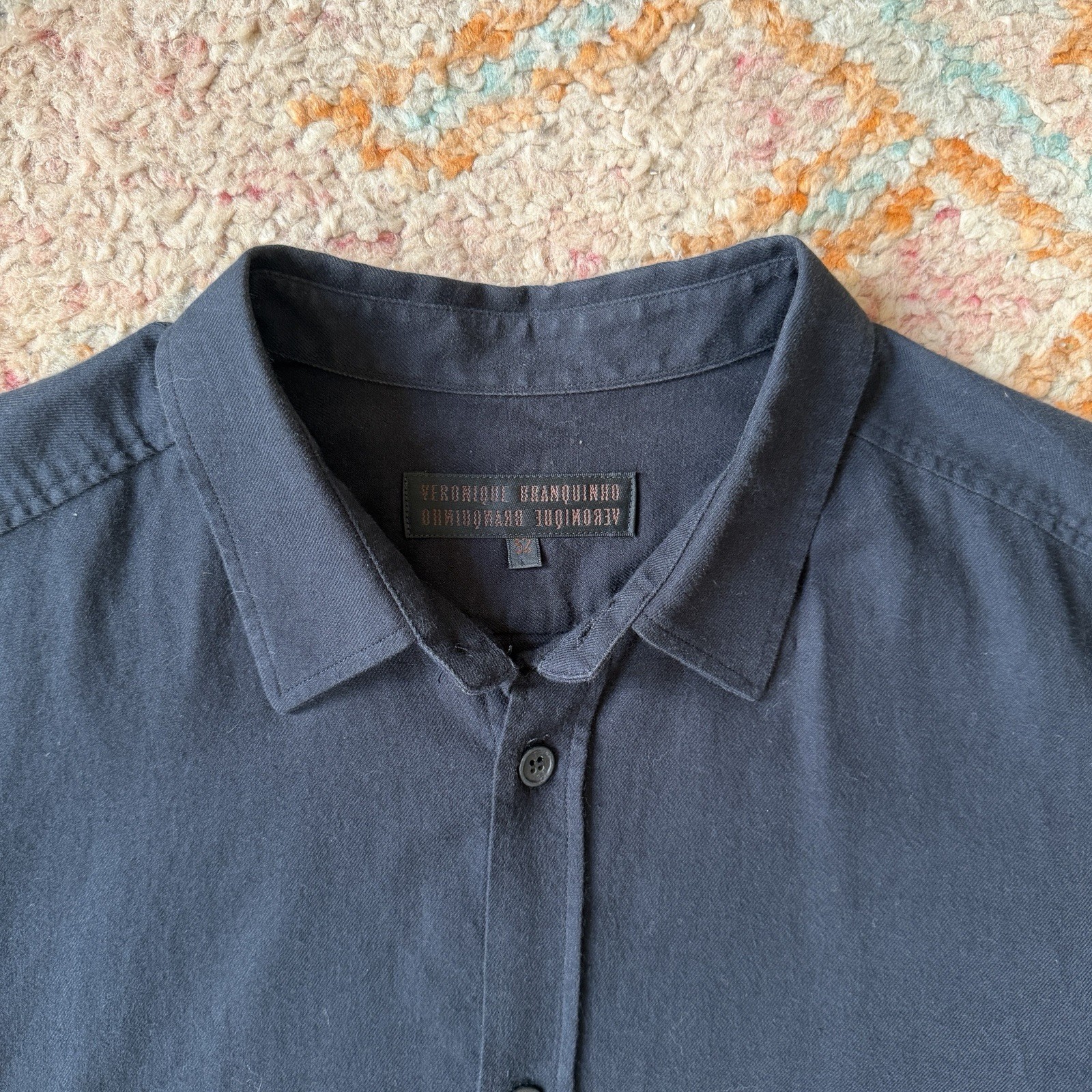 Veronique Branquinho Men’s 52 Black Solid Wool Cotton Woven LS Button-Up Shirt
