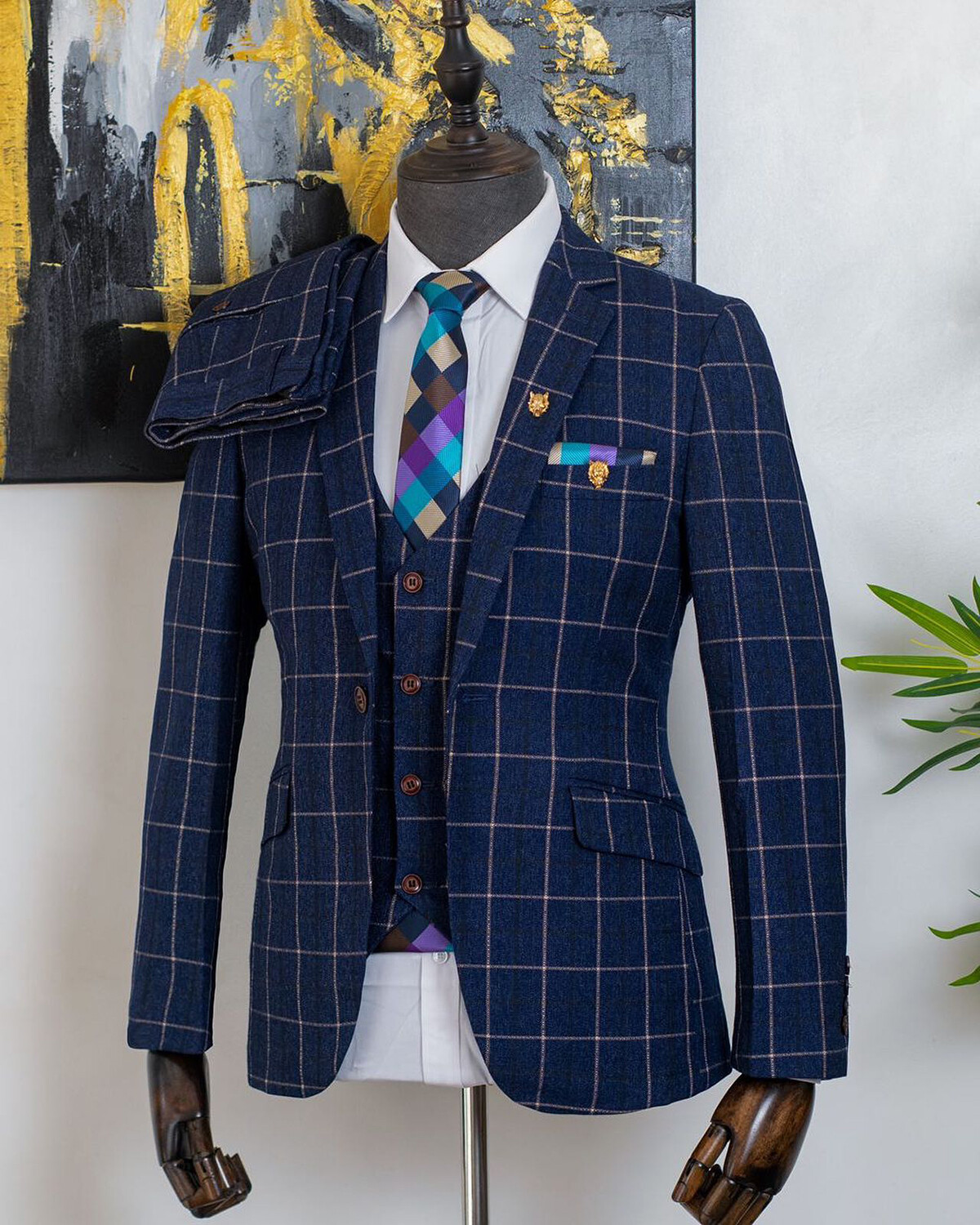 Checked Men Suits Single Breasted Notch Lapel Prom Groom Tuxedos Regular Fit