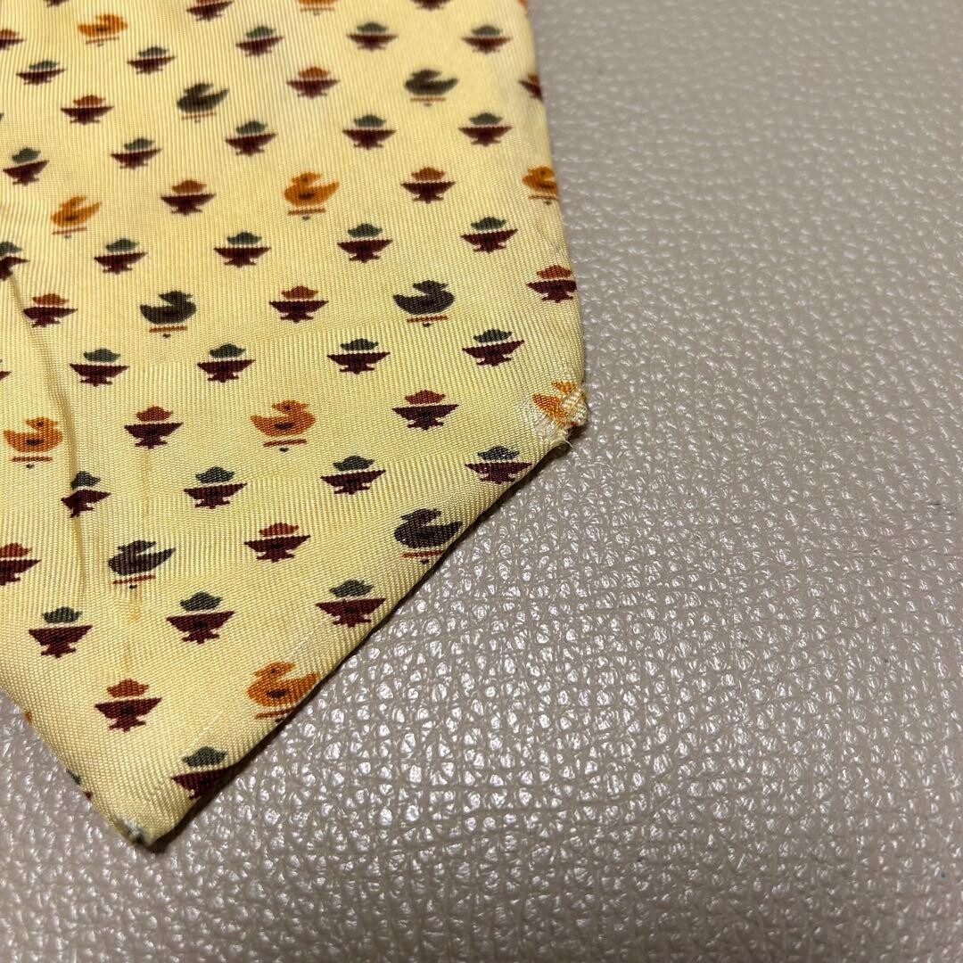 Hermes Mens Silk Tie Yellow H Pattern Stripe Dot Check Woven 3.54in 9cm