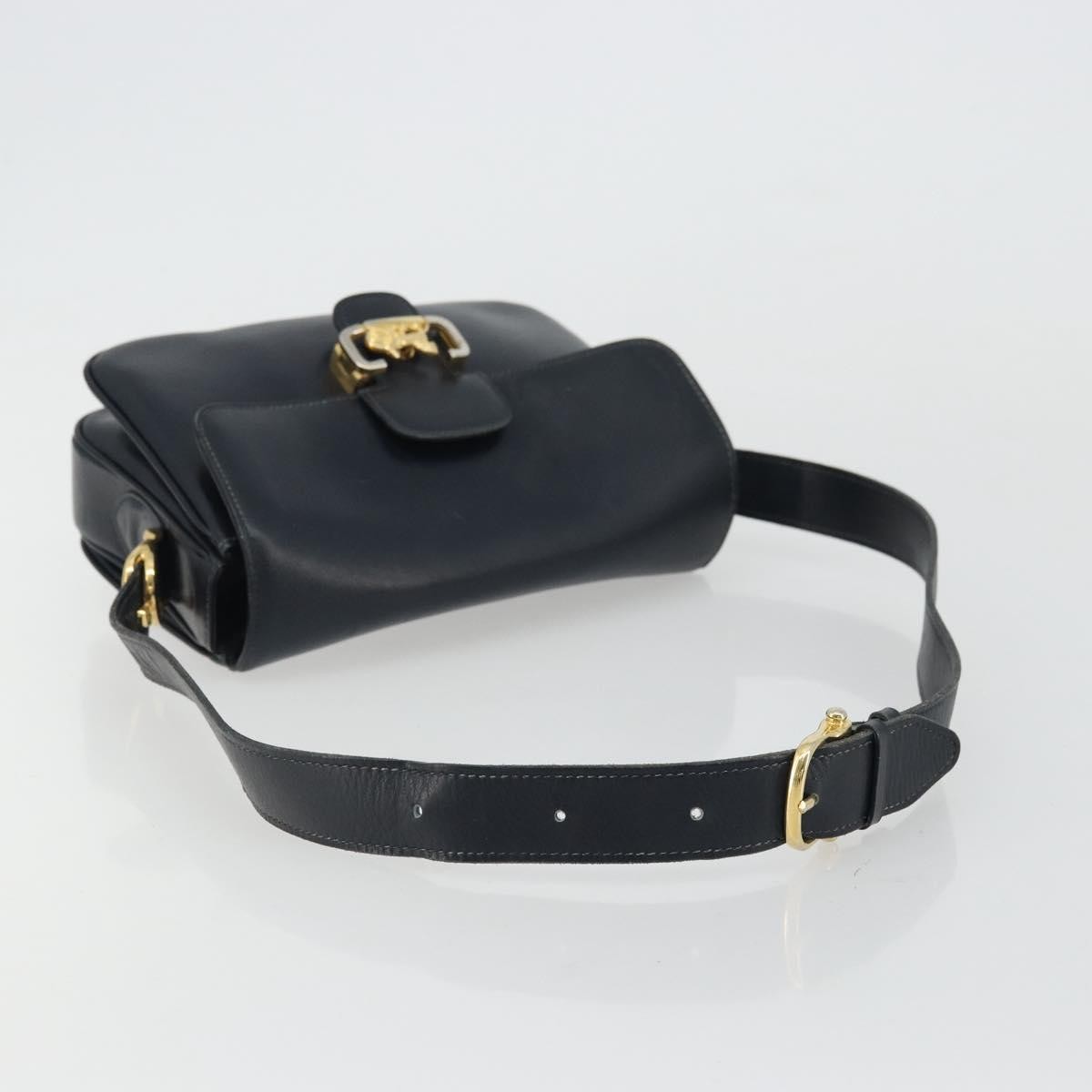 CELINE Horse Carriage Shoulder Bag Leather Navy Gold Auth YKZ1109