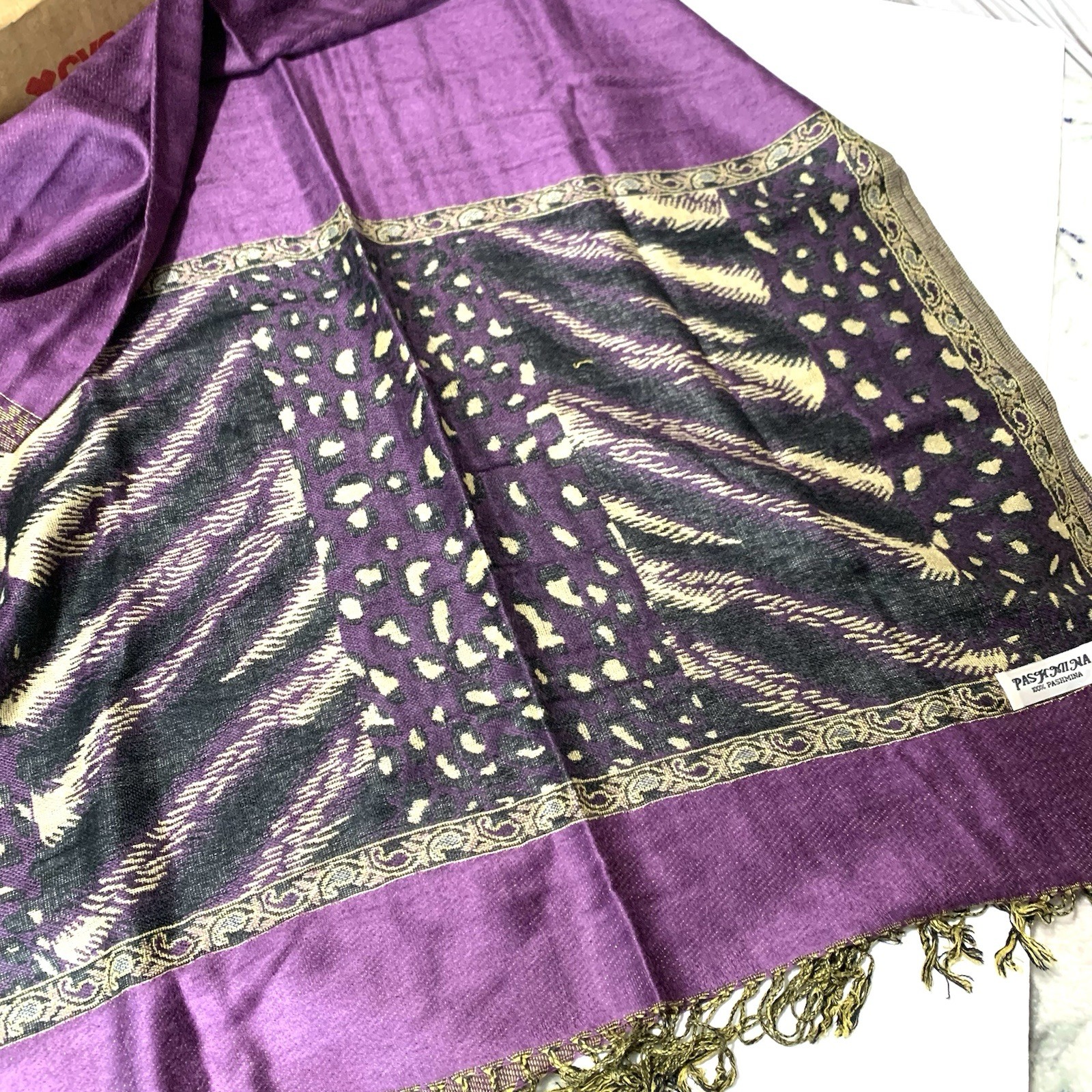 100% Pashmina Purple Black Geometric Fringe Animal Print Scarf Shawl 68″X26″