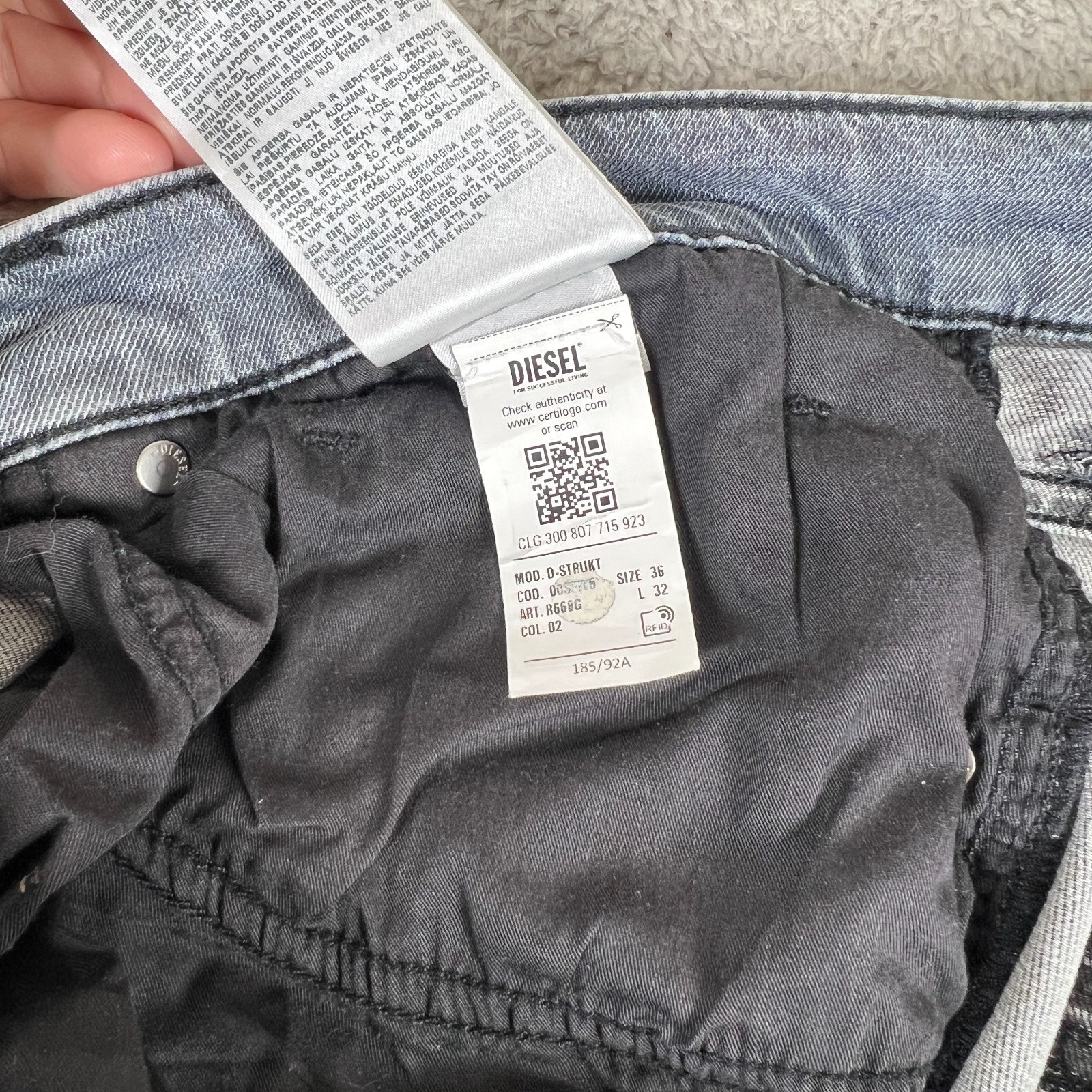Diesel D-Strukt Slim Stretch Jeans Grey Wash W36 L32 Men’s Designer Denim