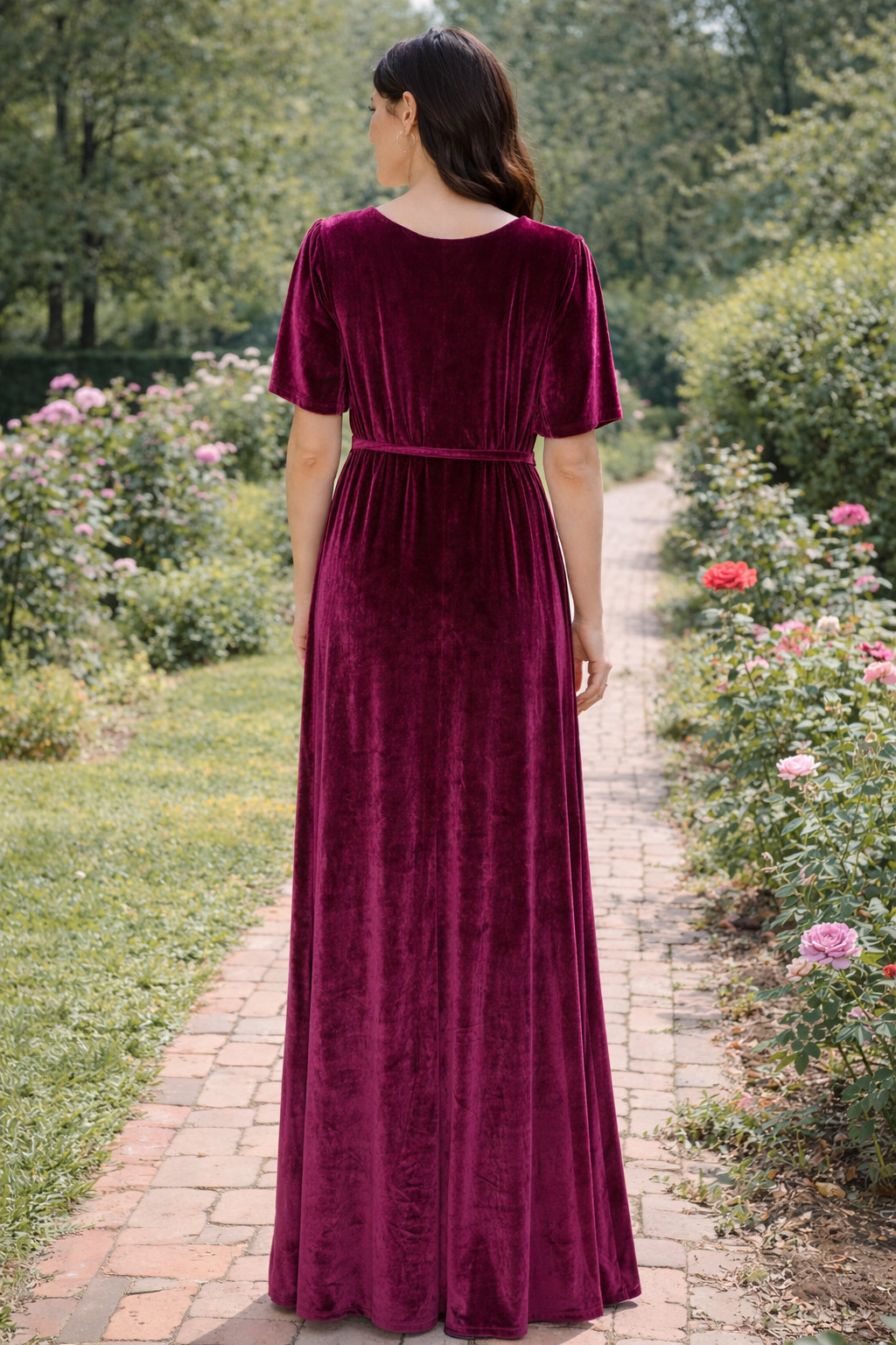 Baltic Born Size M Mulberry Velvet Short Flutter Sleeve Wrap Maxi Dress