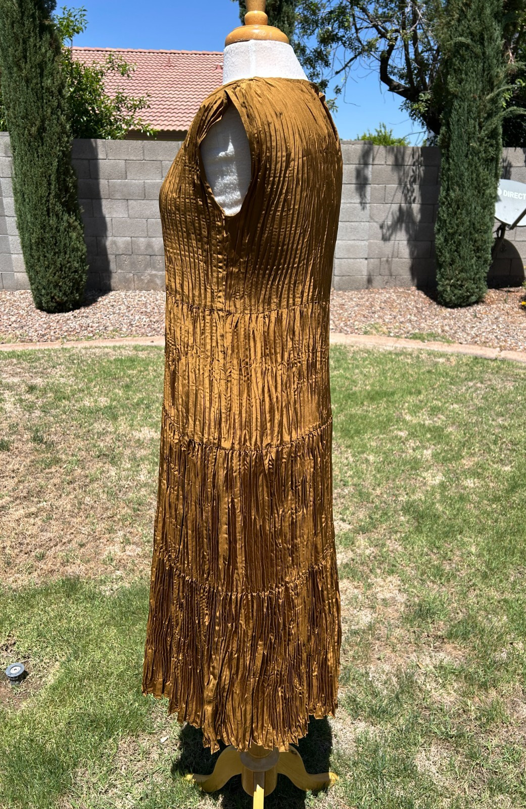 Eileen Fisher Crushed Silk Tiered Midi Dress Women’s XXS Bronze Pleated $388 NWT