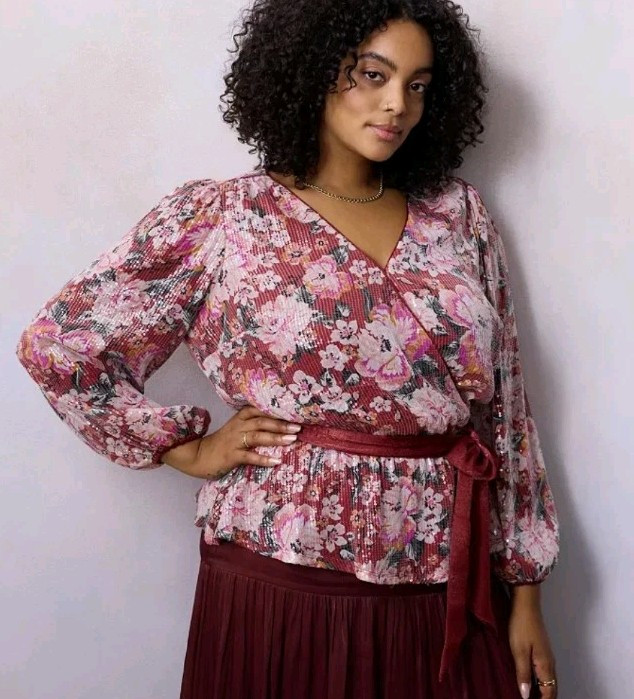 LC Lauren Conrad Plus Size 0X Sequin Puff Sleeve Wrap Top Blouse Belted Floral