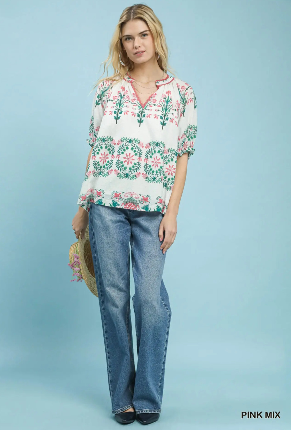 Umgee Floral Lace Detail Puff Sleeve Summer Top in Pink Ivory