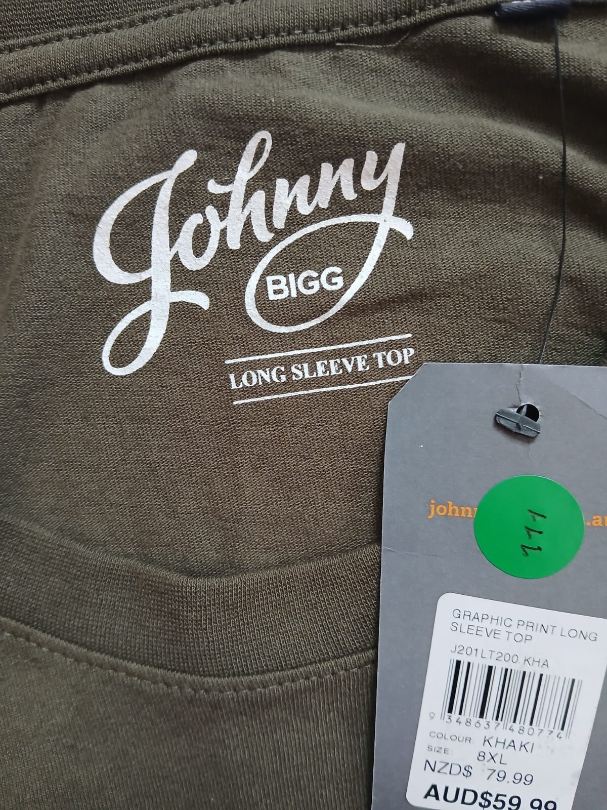 Johnny Bigg Graphic Print Long Sleeve Top Khaki J201LT200.KHA Size 8XL N133