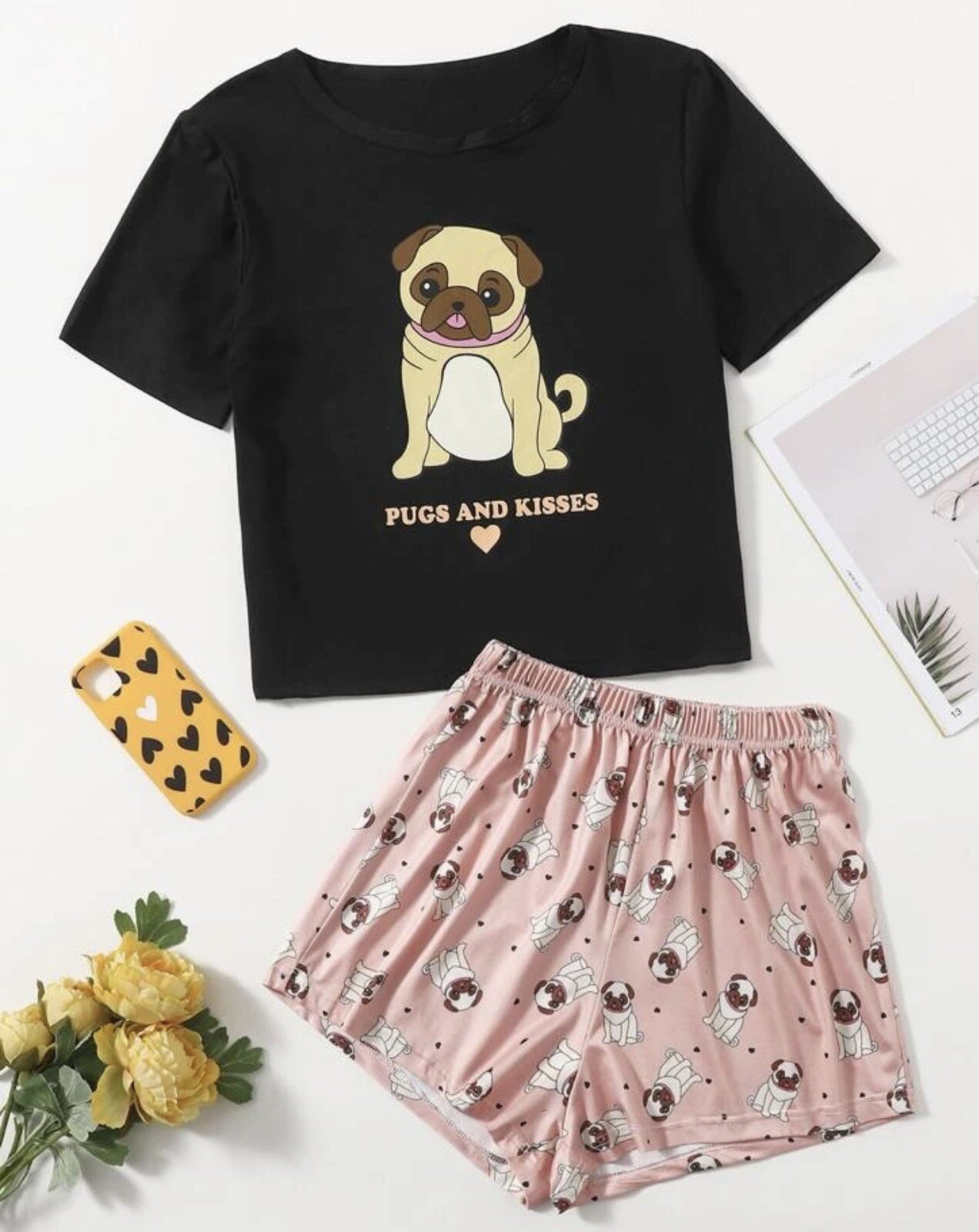 NWT – Pug Shorts & Top Pajama Set “Pugs & Kisses” – Sizes S, M or L