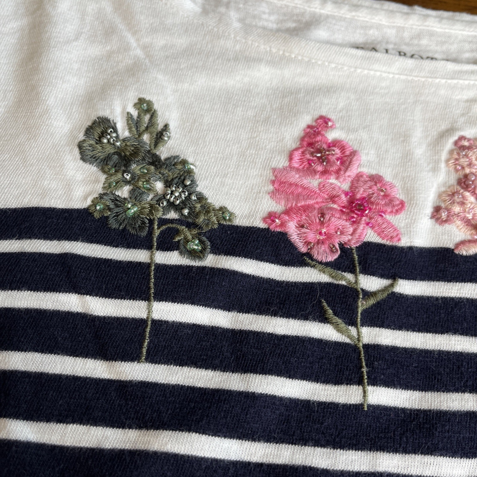 Talbots Large Navy White Stripe Top Embroidered Beaded Flowers Coastal Garden