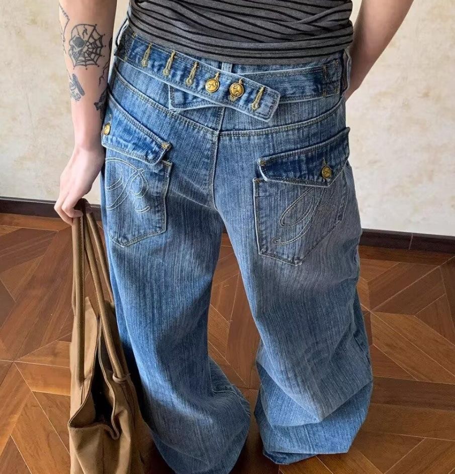 Women’s Denim Blue Jeans Straight Leg Button Decor Punk Hip Hop Trousers Hippie