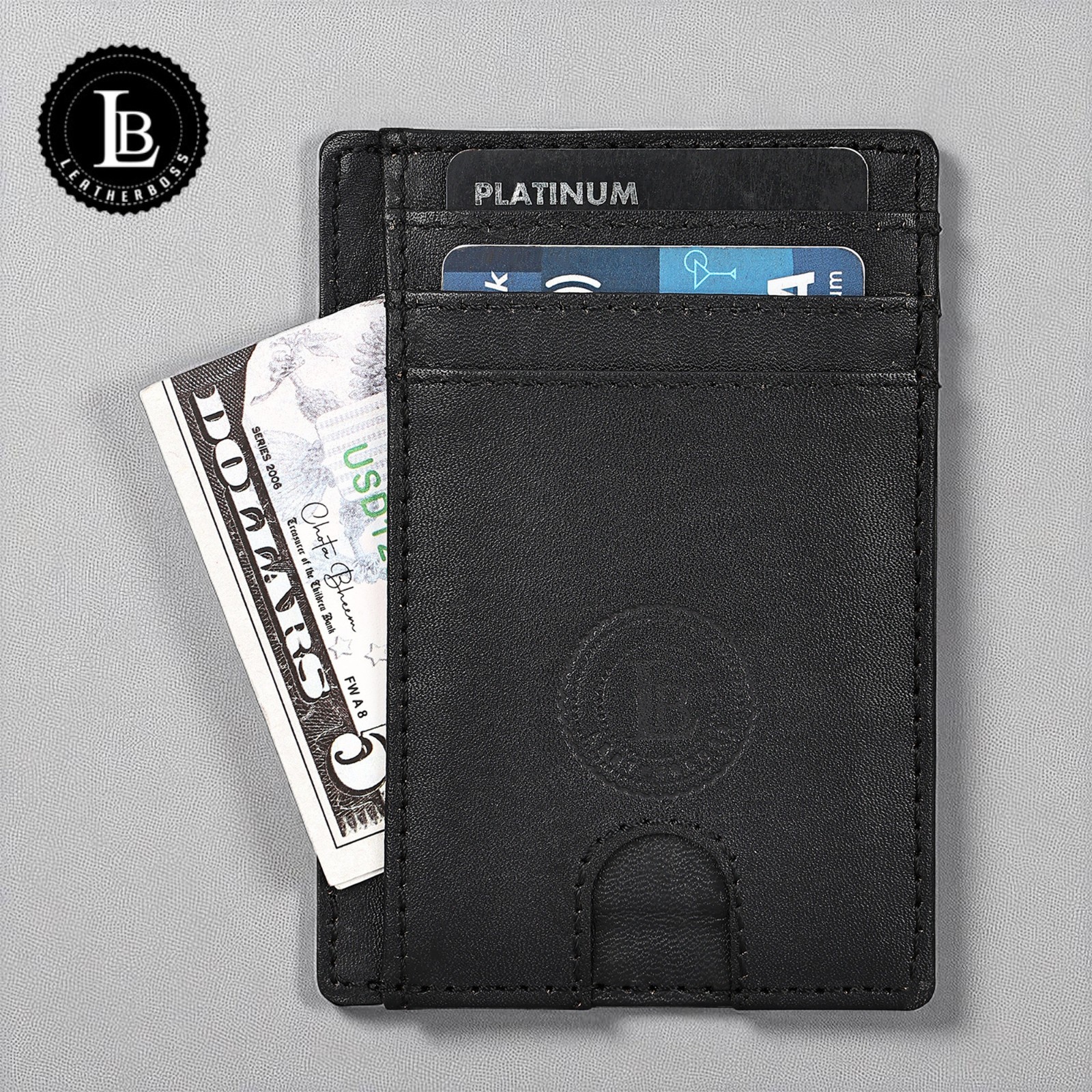 Leatherboss Genuine Leather Card Case with Clear ID Slot for Men & Women