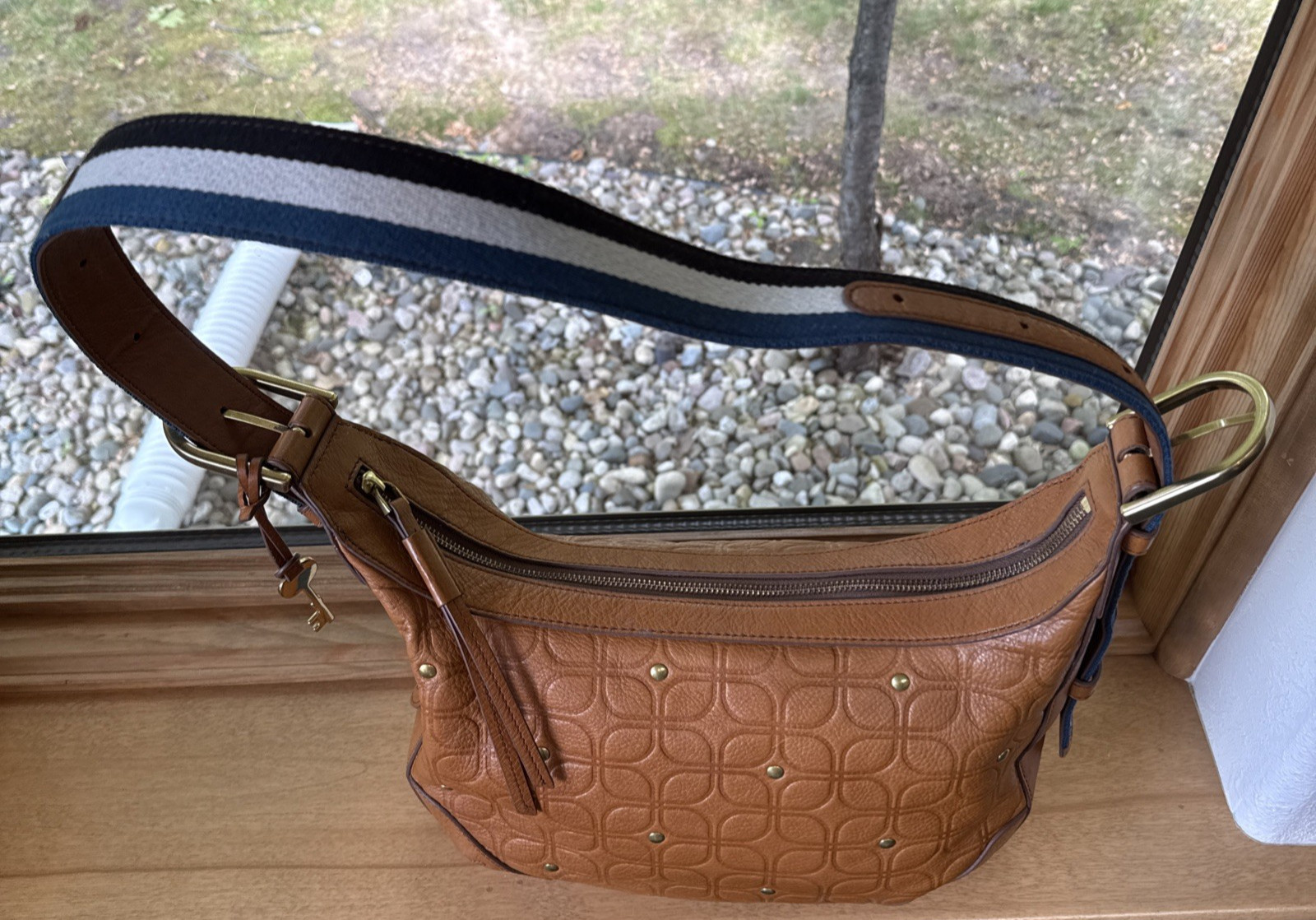 Fossil Hannah Signature Hobo Shoulder Bag Camel Tan Embossed Leather Brass