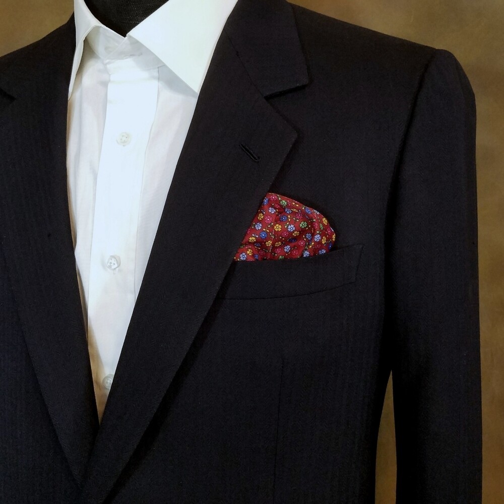 NEW – 100% Silk Pocket Square – Ruby Red with Petite Flowers 12.5in