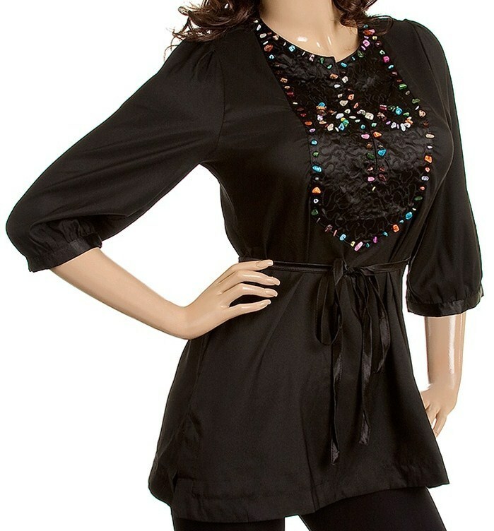 Bead Embroidered Embellished Placket Boho 3/4 Sleeve Tunic Blouse Top