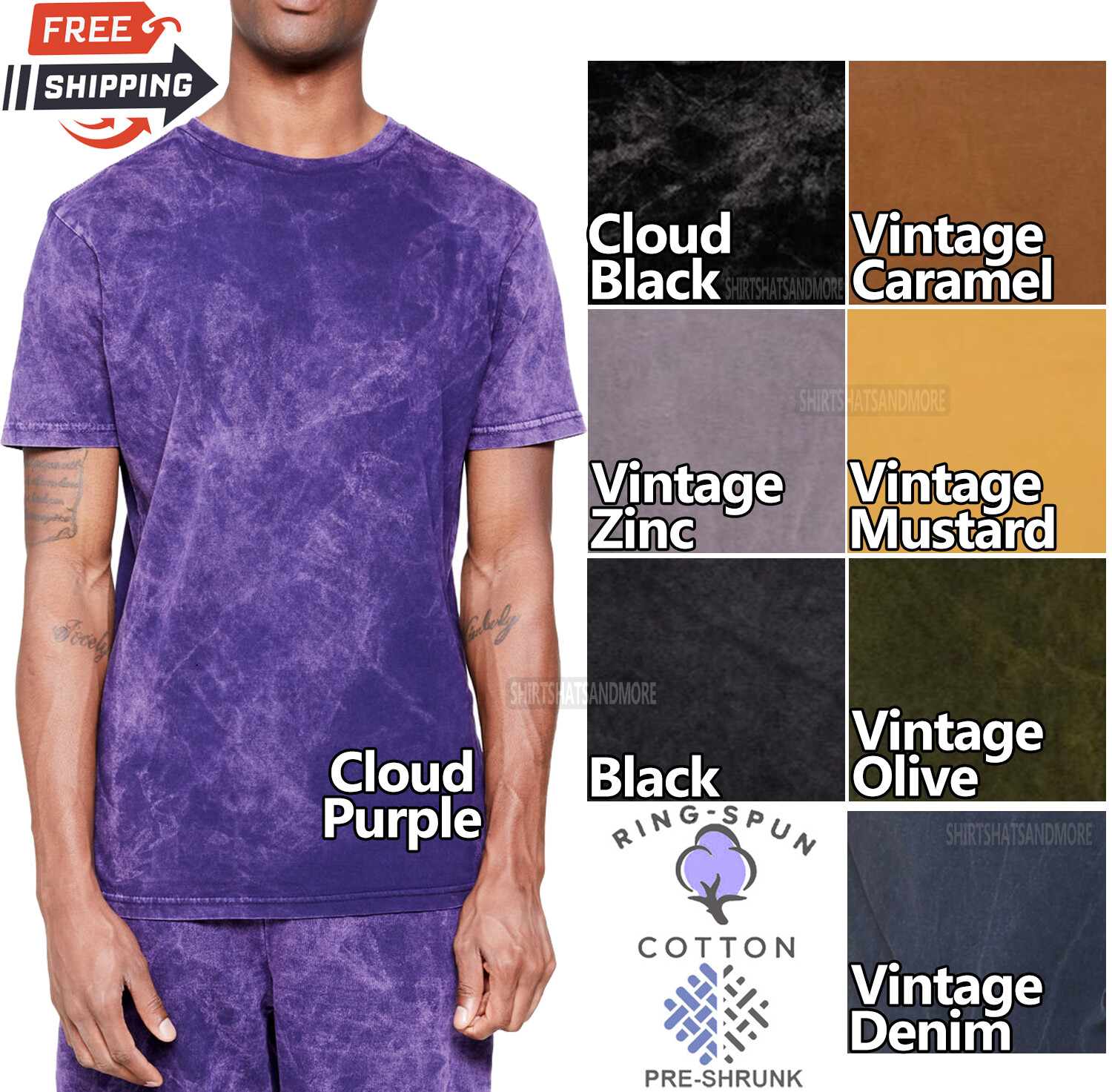 Mens Vintage Mineral Wash Preshrunk T-Shirt 100% Soft Spun Cotton Tee XS-3XL NEW