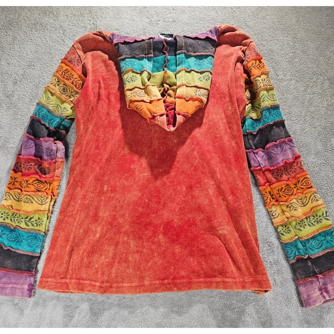 GreaterGood Boho Patchwork Zip Up Hoodie Sun Embroidery Nepal Jacket L/XL