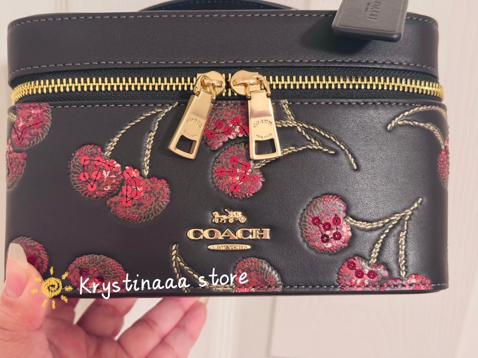 NWT Coach Cosmetic Makeup Case With Cherry Print Black Multi CDC13