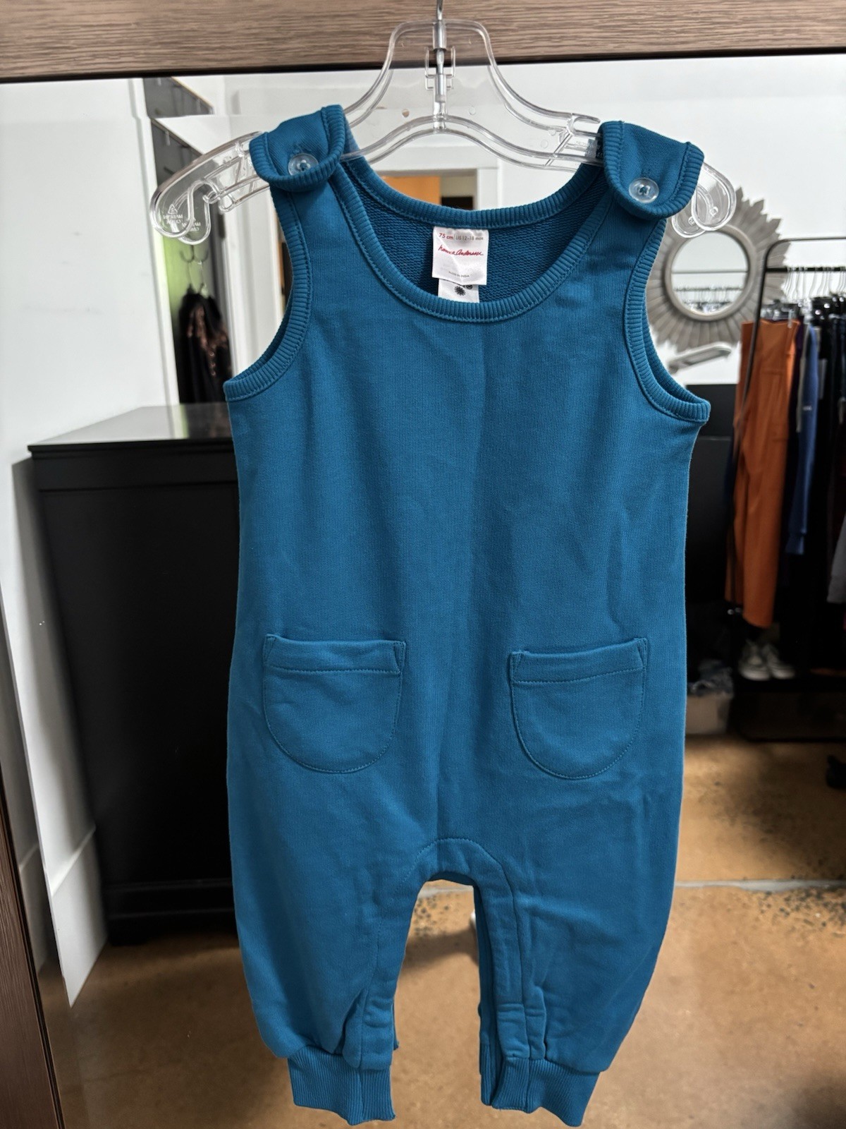Hannah Anderson Baby French Terry Pocket Overalls Sz 75cm US 12-18 Mo Trek Teal