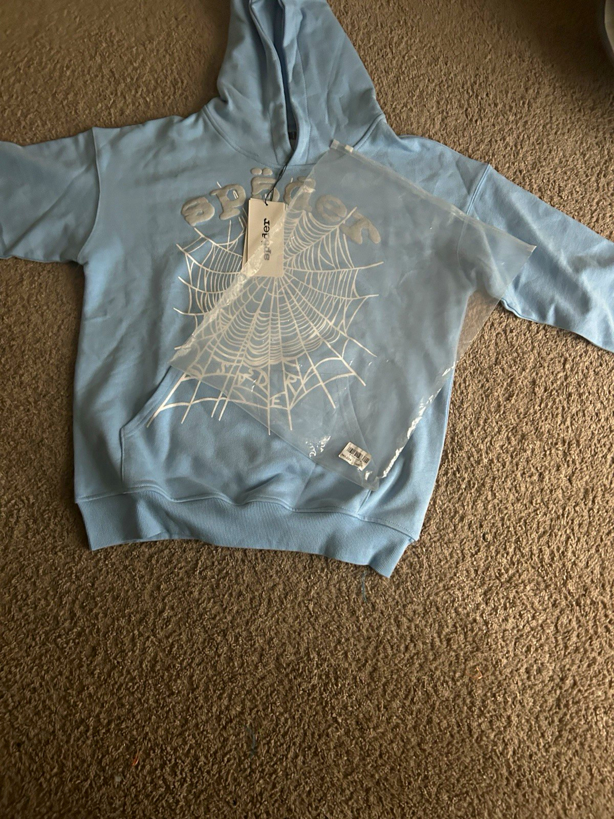 sp5der Men’s Blue Spider Web Graphic Pullover Hoodie Size S NWT