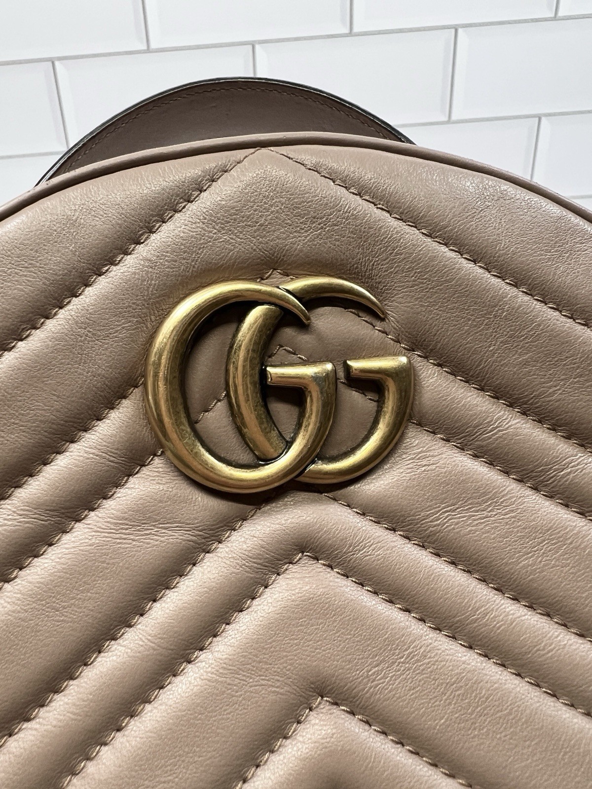 Gucci GG Marmont Calfskin Matelasse Leather Chevron Backpack Purse Bag