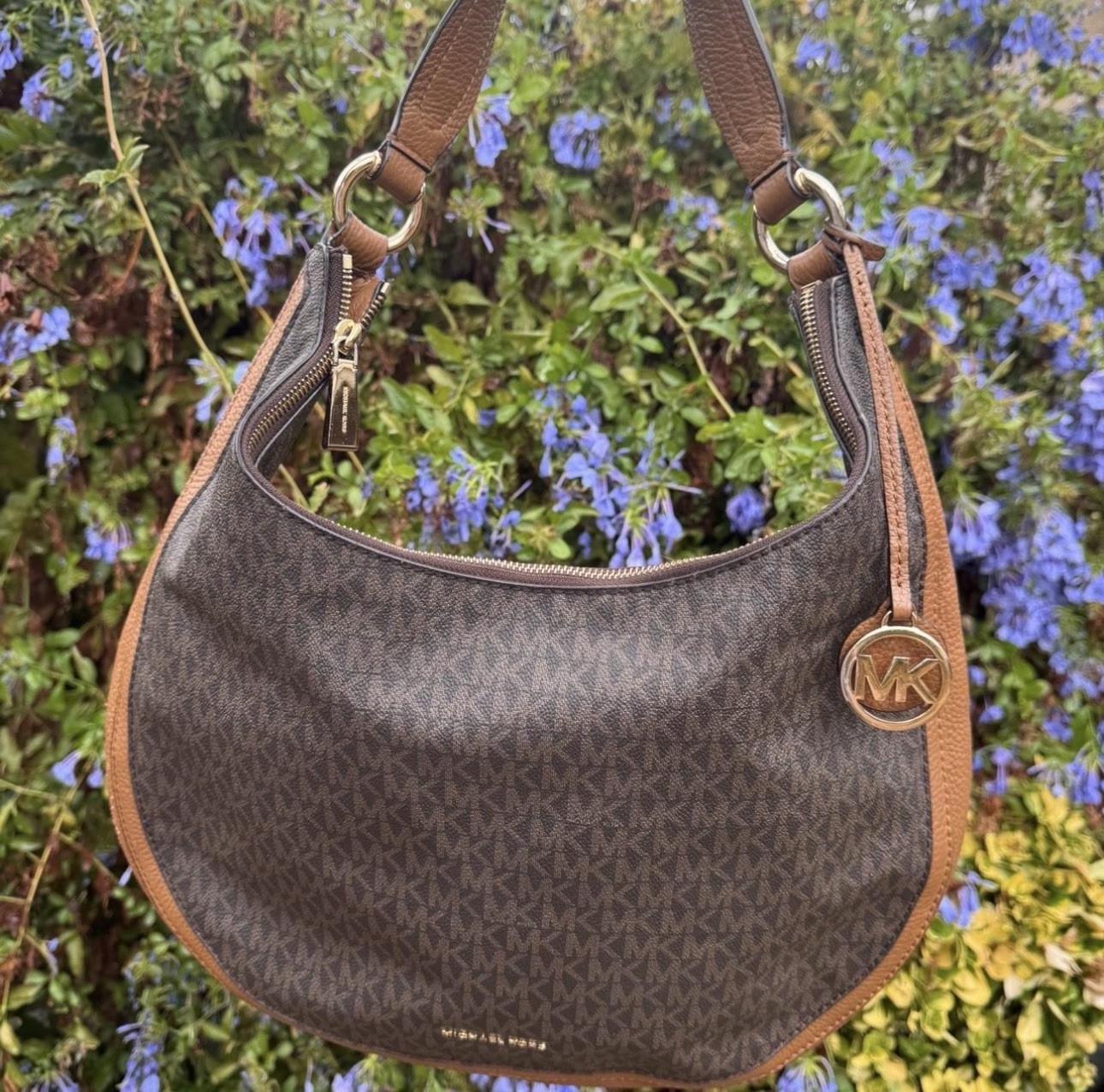Michael Kors Brown Monogram Crescent Shoulder Bag Zip Top Charm Gold Hardware