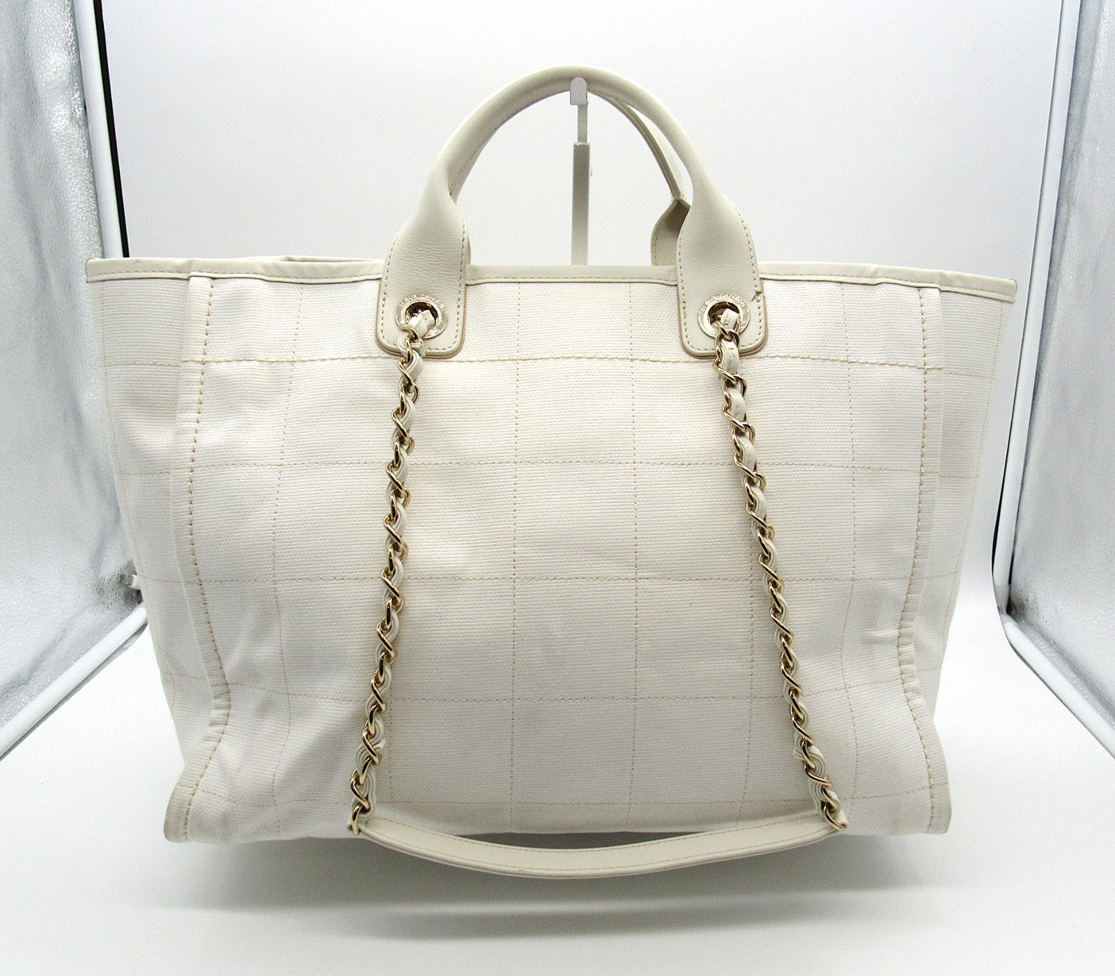Chanel Medium Deauville Tote White Canvas Bag w/ Pouch Read