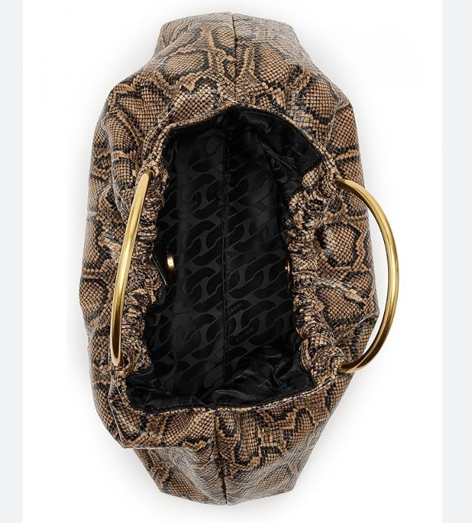 REBECCA MINKOFF Madeleine snake print round handle small satchel – Brown
