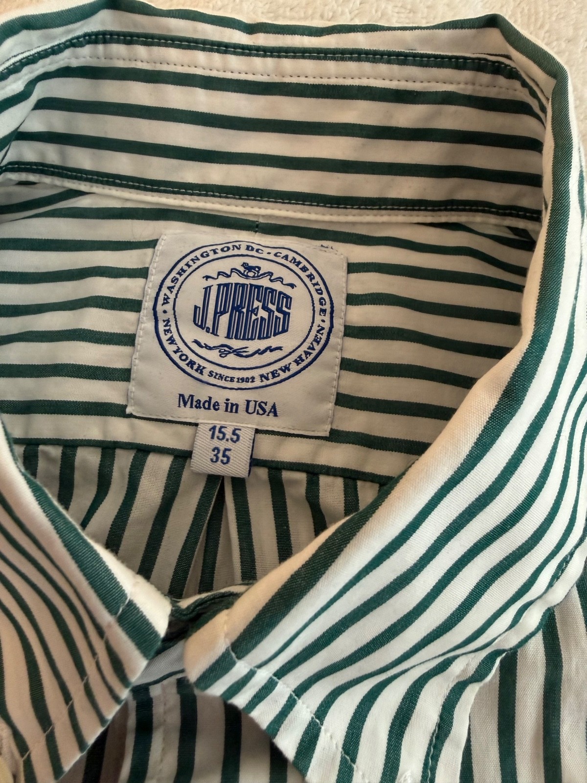 J Press – Worn Once – Hunter Green, Butcher Stripe Button Down Size 15 1/2 x 35