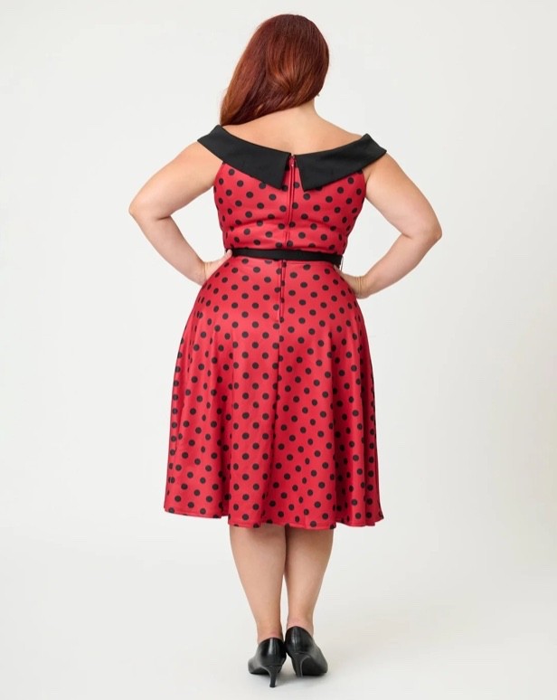 UNIQUE VINTAGE RED & BLACK DOT OFF THE SHOULDER SWING DRESS – NEW – REG & PLUS