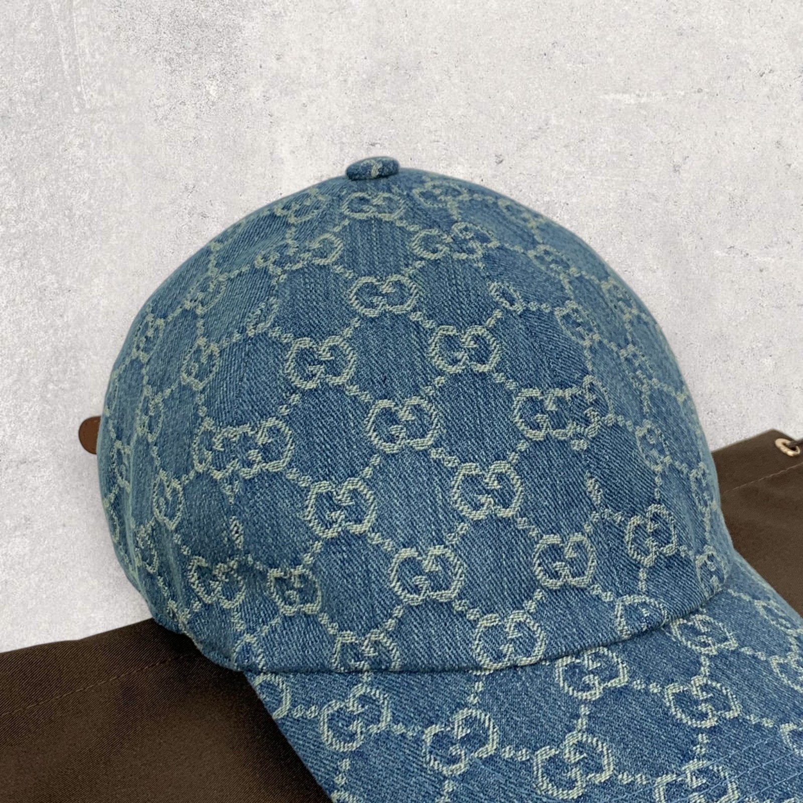 Gucci GG Monogram Logo Horsebit-Detailed Leather Denim Baseball Cap Blue Size M