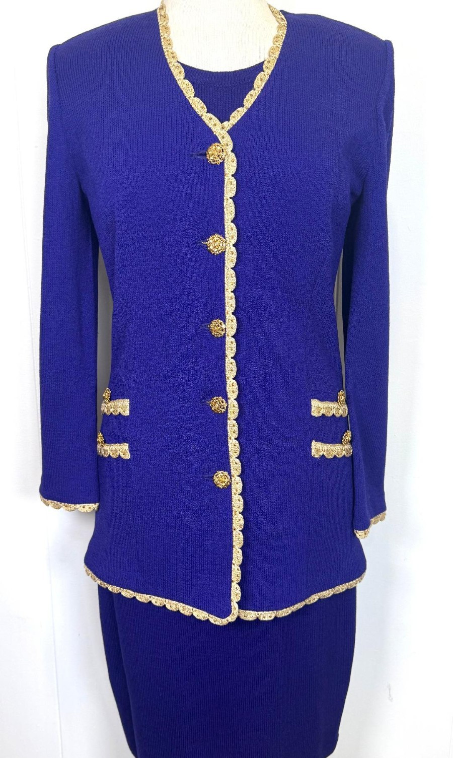 ST.JOHN EVENING 3 PIECE JACKET SKIRT SHELL PURPLE GOLD PAILLETTES SIZE 8 10