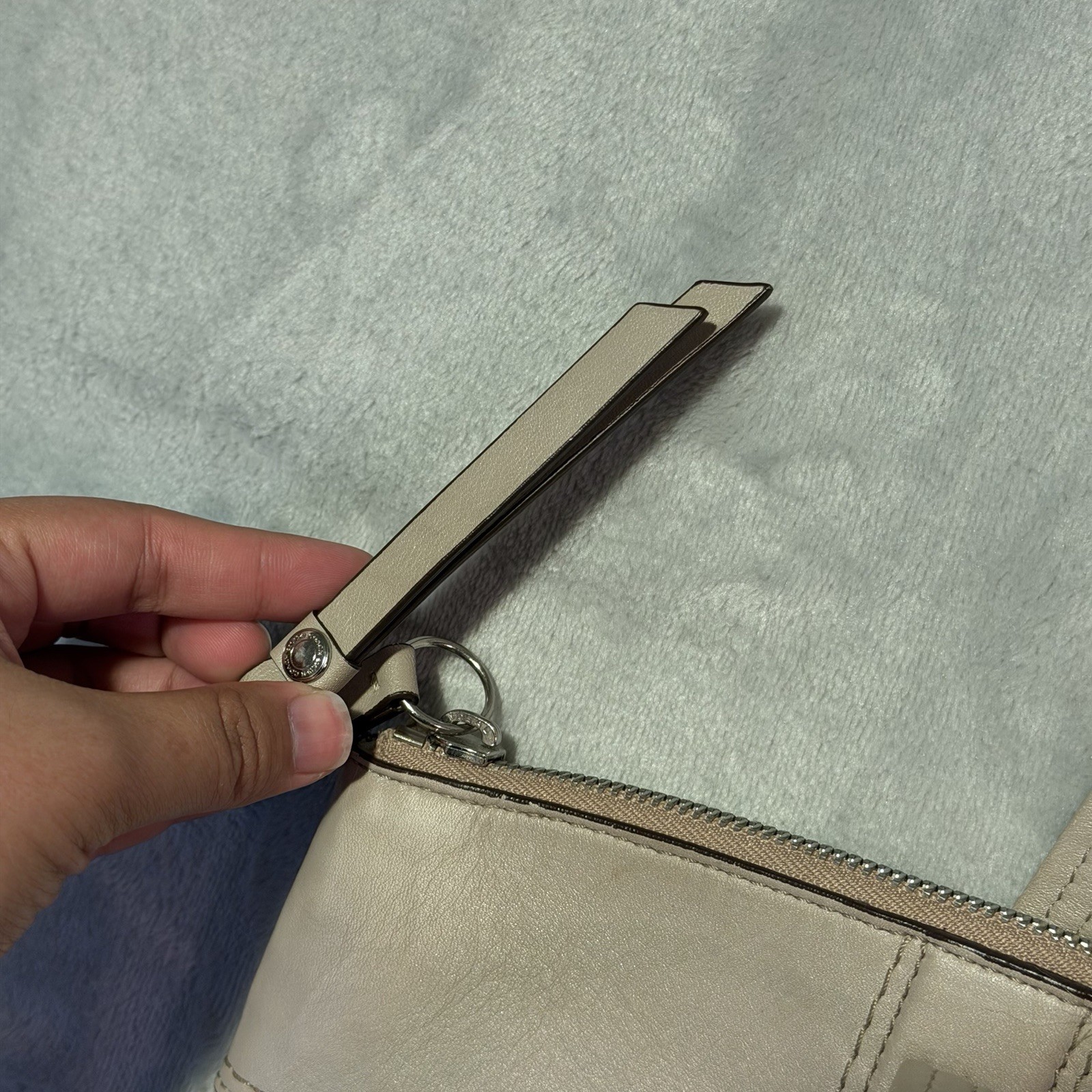 Coach Laura Signature Embossed Leather Tote Bag Taupe Gray Purse Handbag F18336