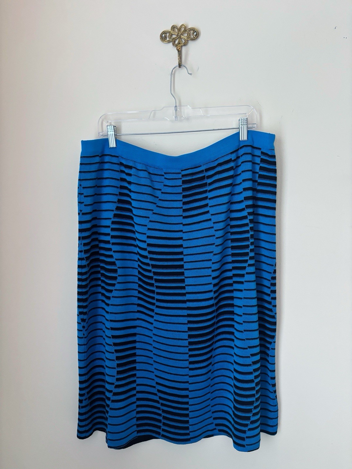 Ming Wang Blue A-Line Multi-Stitch Jacquard Knit Skirt Sz 1X
