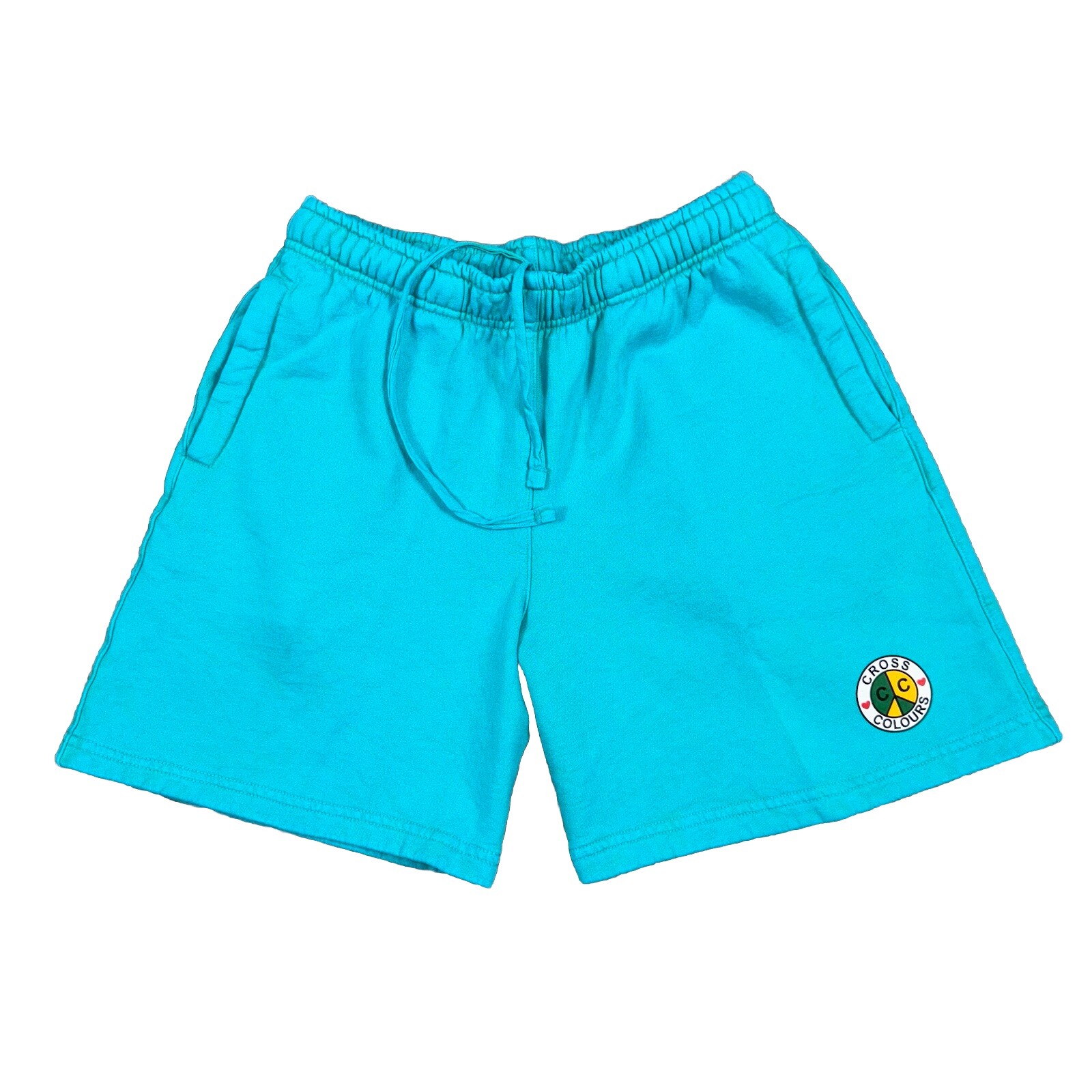 Cross Colours Peace Circle Logo Fleece Shorts Turquoise C97223PCL-300 Men’s NWT
