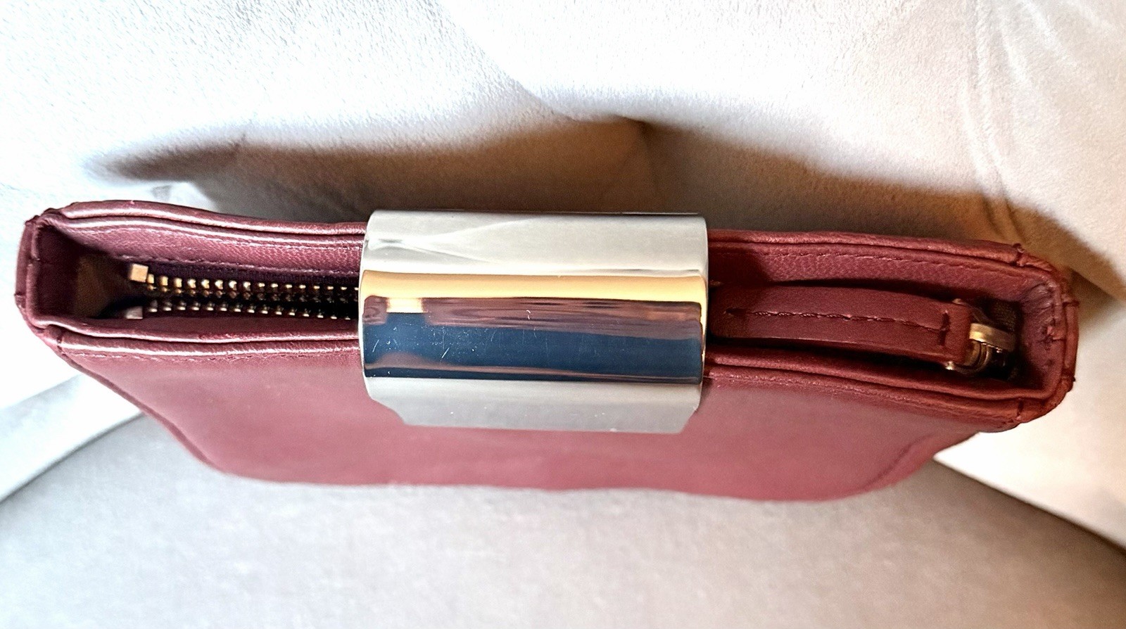 Vintage DKNY Burgundy Leather Clutch Bag with Metal Clasp & Dust Bag EUC