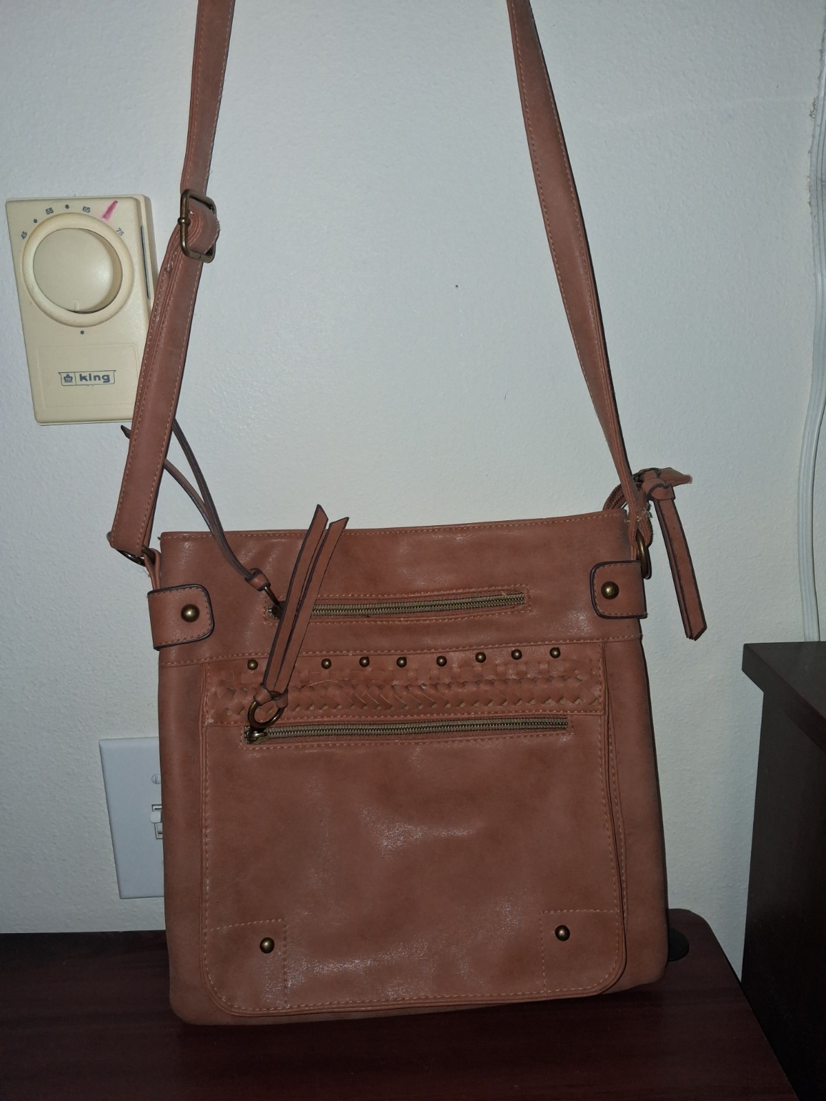 Brown Crossbody Bag Zip Top Braided Stud Accents, Adjustable Strap, Pockets