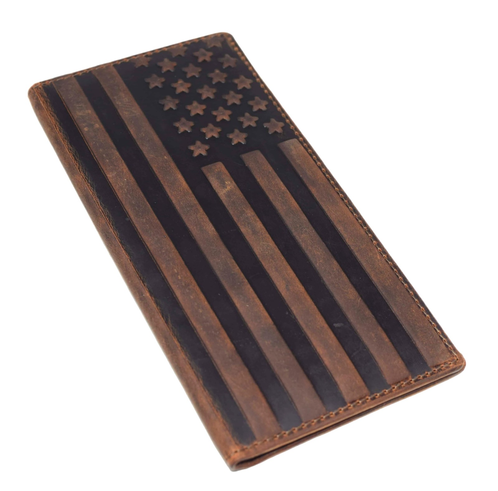 Genuine Leather Checkbook Cover Men Women Holder Wallet RFID Blocking USA Flag
