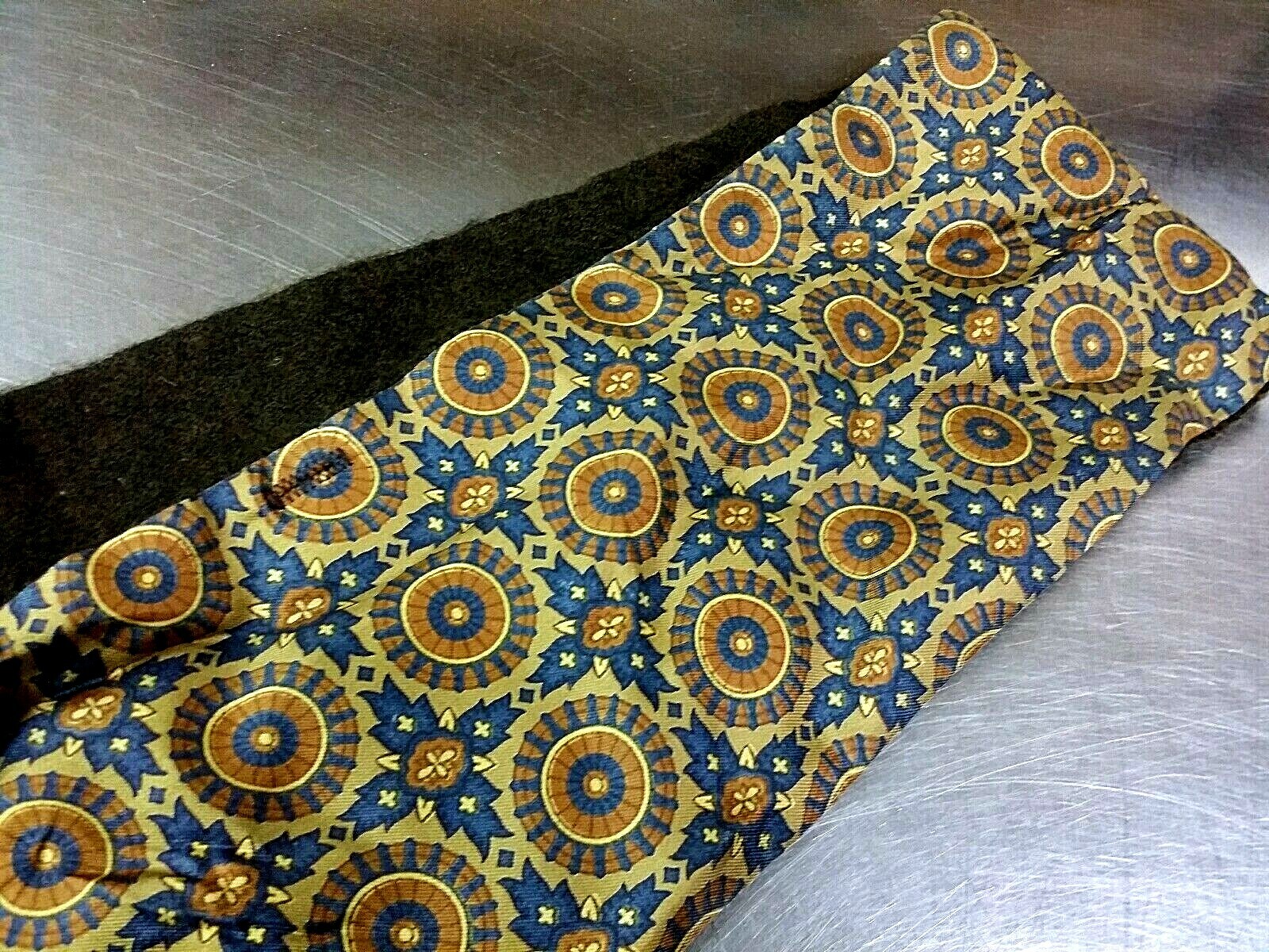 Vintage Reversible Scarf with Buttons, 100% Zephyr Wool & Silk, Brown Blue Tan