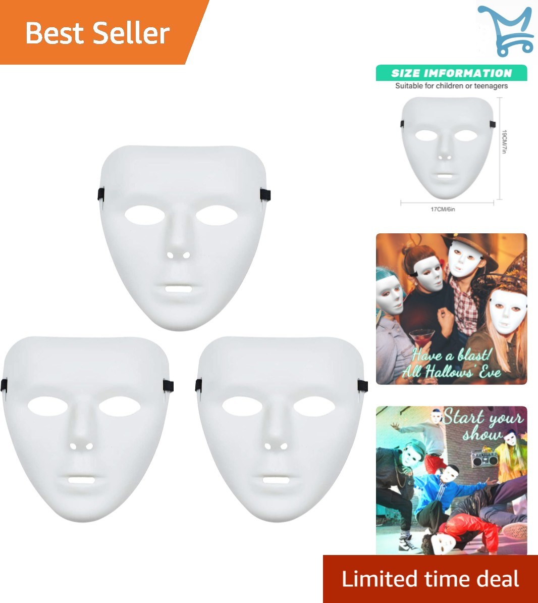 3 Pcs Halloween Mask White Full Face Plastic Costumes Party Masks