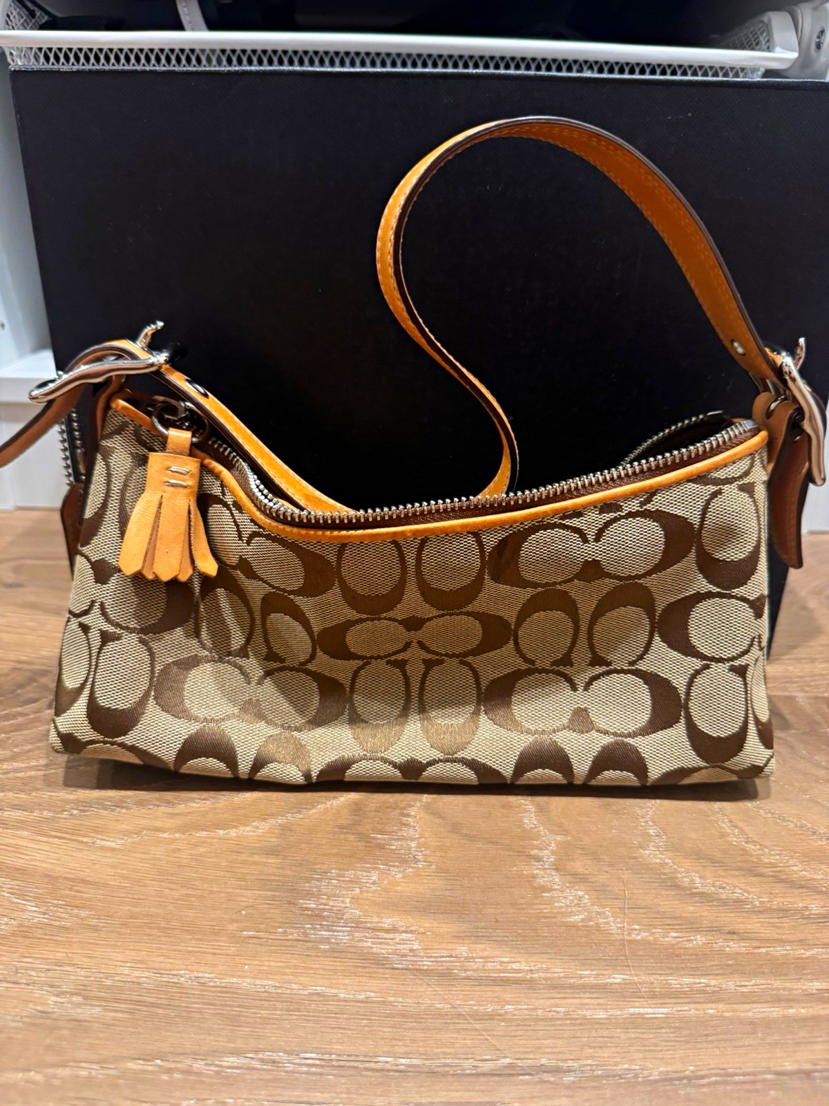 Coach Signature Beige/Brown Small Shoulder Bag Zip Closure, Detachable Strap