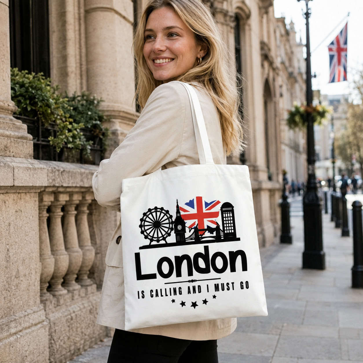 Women London Skyline Flag Canvas Tote Bag, Casual Travel