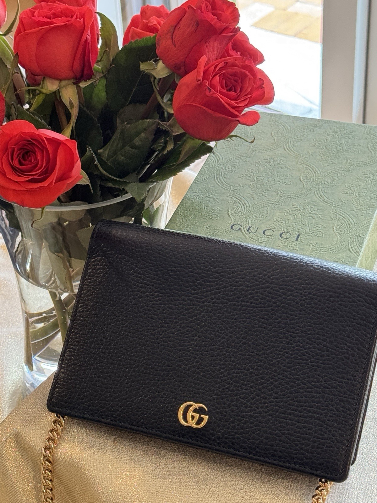 Gucci GG Marmont Wallet On Chain Black Grained Leather Gold Hardware Crossbody