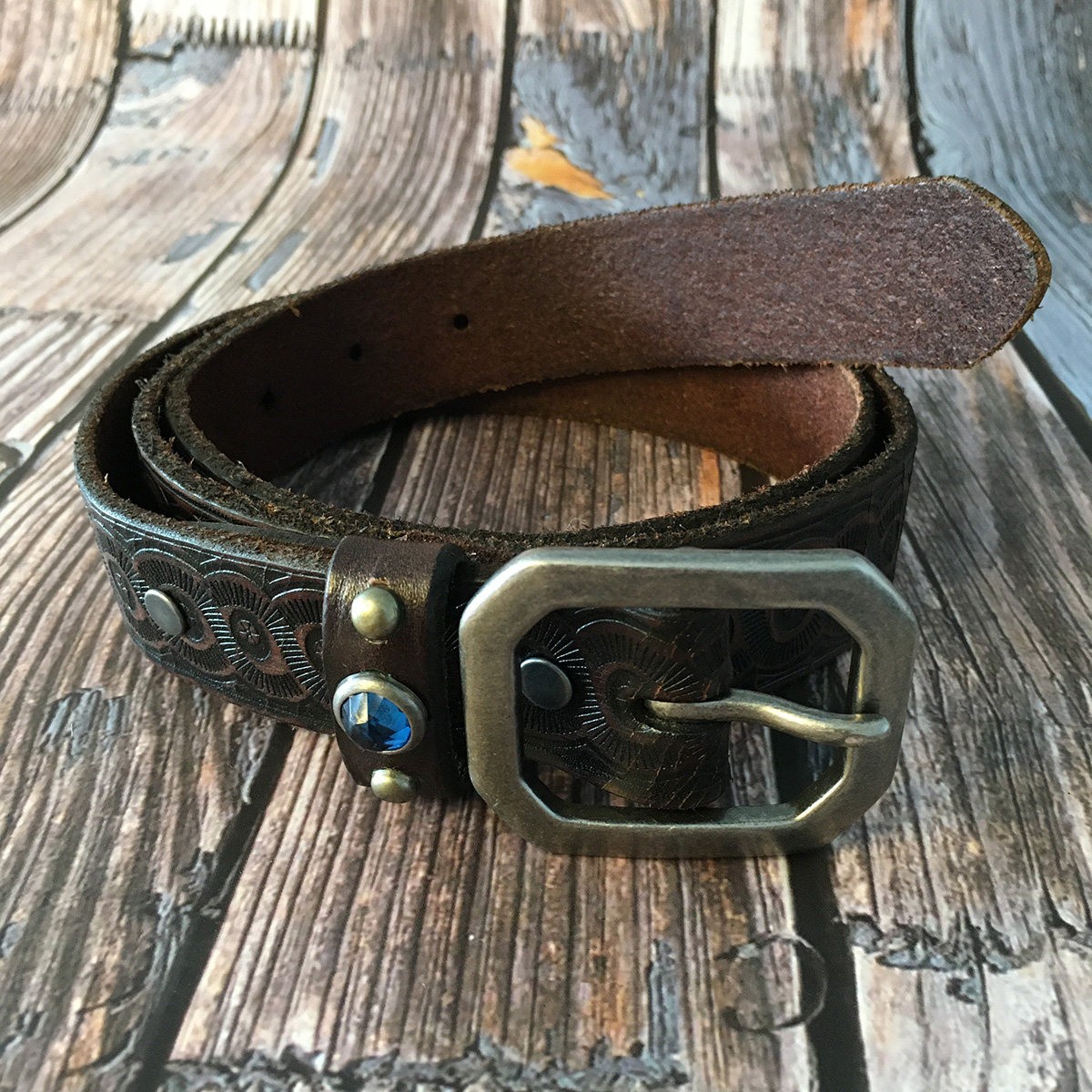 RRL Double RL Vintage Western Brown Tooled Leather Belt with Blue Gem Size 34
