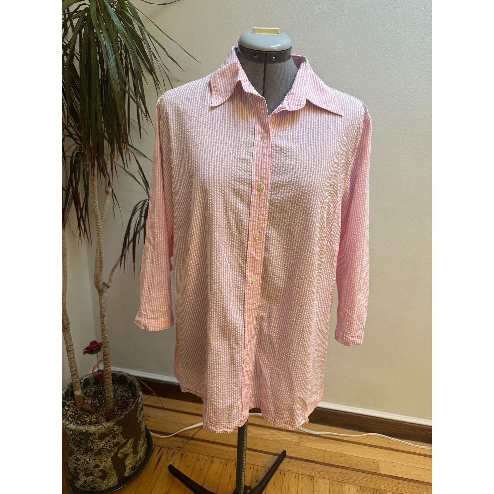 Lands End Pink Seersucker Button Down Shirt 16W Plus Cotton Stripe Blouse